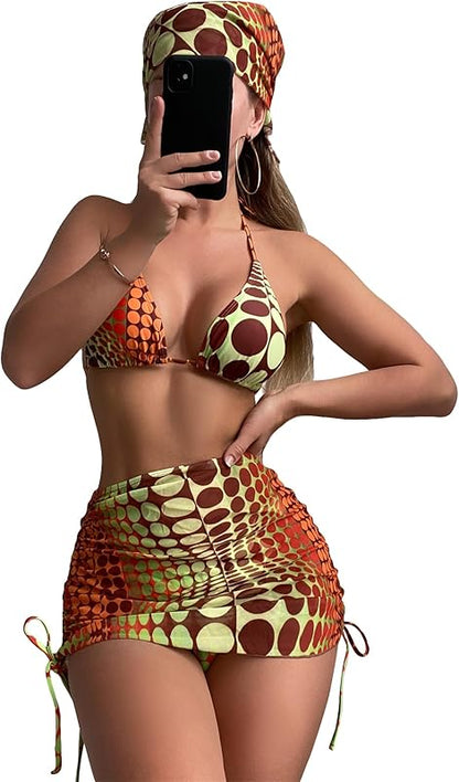 Women's 4 Piece Swimsuits Sexy Bikini Sets Triangle Bathing Suit with Mesh Cover Up Beach Skirt & Bandana - Seldom Seen Styles