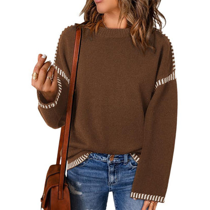 Sweaters for Women Fashion Solid Crewneck Loose Fit Long Sleeve Contrast Cable Knit Pullover Sweater Jumper Tops Knitwear Womenswear Knitwear Womenswear