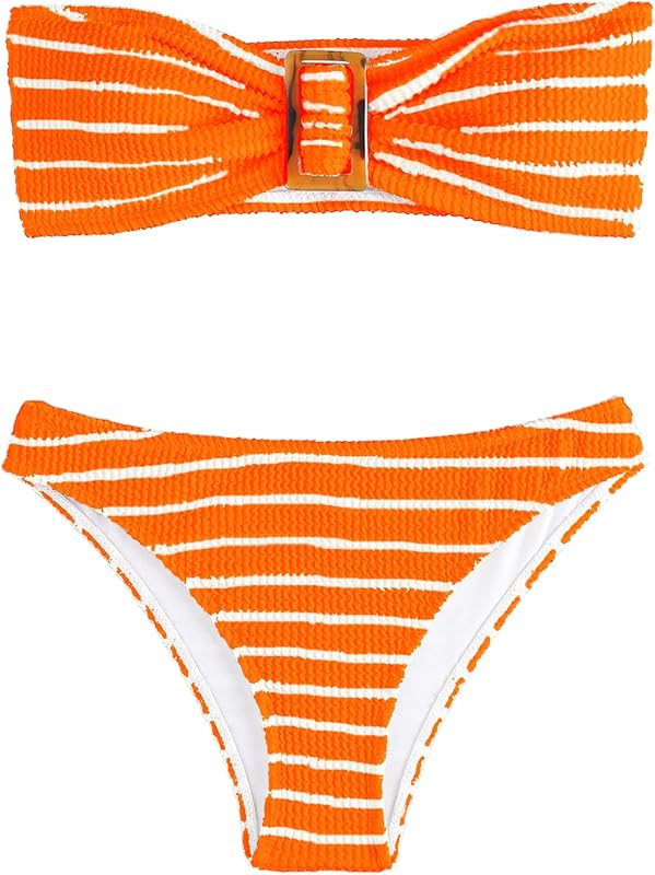 Women's 2 Piece Strapless Swimsuit Striped Bandeau High Waisted Thong Bikini Set Bathing Suit - Seldom Seen Styles