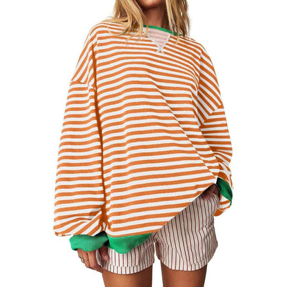 【Up To 3XL】Fisace Christmas Womenswear Striped Oversized Sweatshirt Color Block Crew Neck Long Sleeve Shirt Casual Loose Pullover Top Y2K Clothes back to school