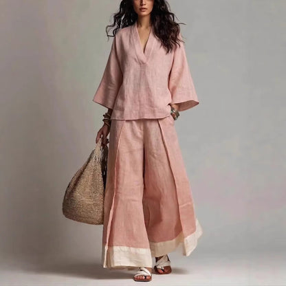 Annie's Fashion Women's Cotton-Linen V-Neck Three-Quarter Sleeve Shirt and Wide-Leg Pants Set