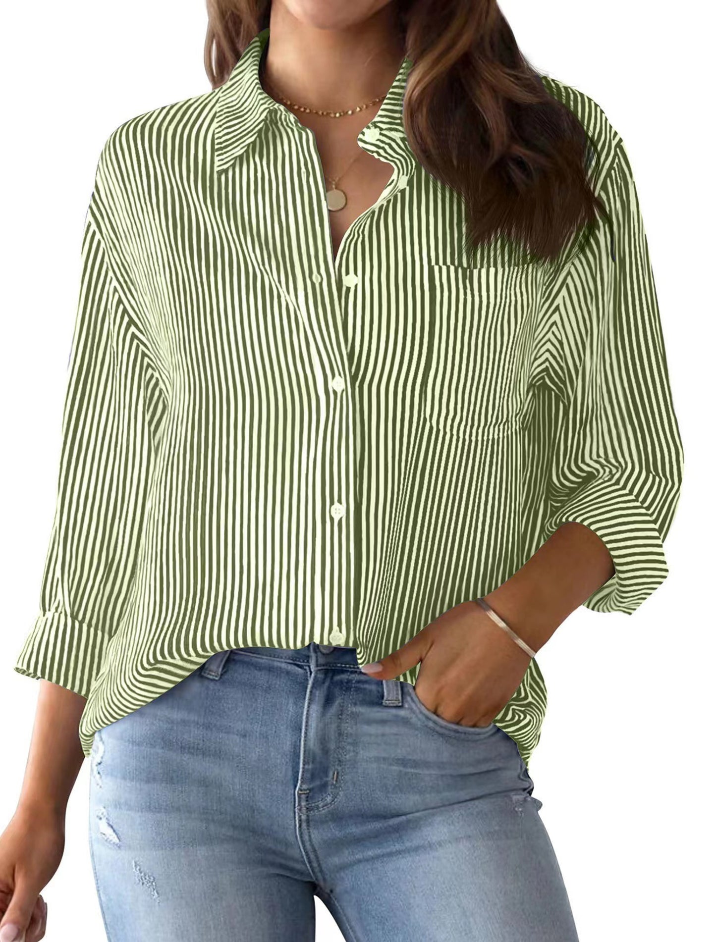 AISEW Damen Button-Down-Hemd, gestreift, klassisch, Langarm, Kragen, Büro, Arbeit, Bluse, Tops mit Tasche