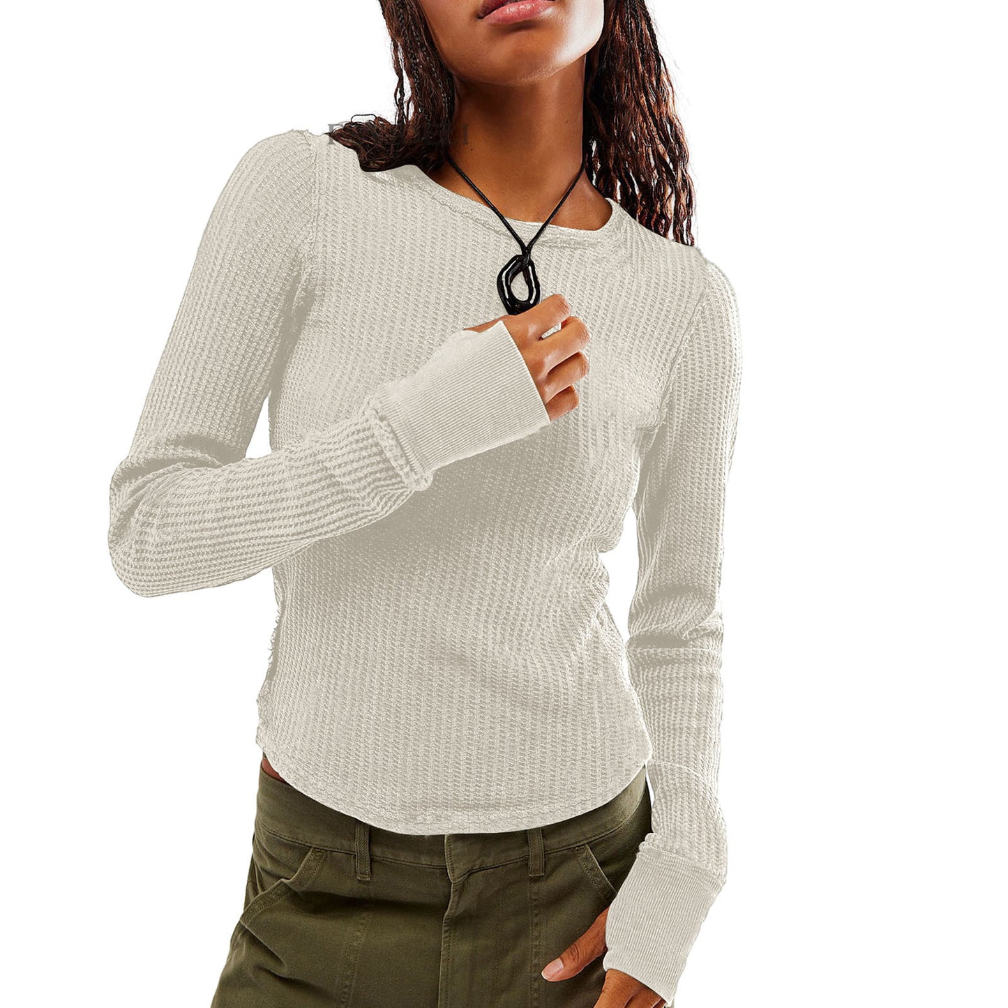 Women's Waffle Knit Tops Long Sleeve Shirts Casual Slim Fitted Crew Neck Pullover Shirts