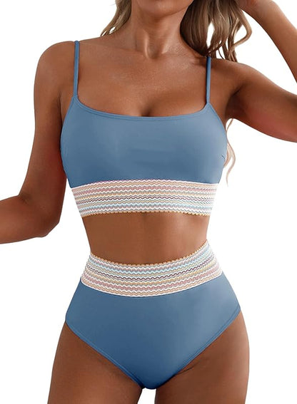 Women's Bikini Sets Colorblock Trim 2 Piece High Waisted Swimsuit Scoop Neck Adjustable Spaghetti Straps Bathing Suit - Seldom Seen Styles