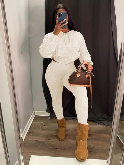 Women's Minimalist Textured Long Sleeve Crop Hooded Sweater & High Waist Skinny Pants Set, Casual Cozy Lady Knitwear Outfits Suits, Basic Womenswear