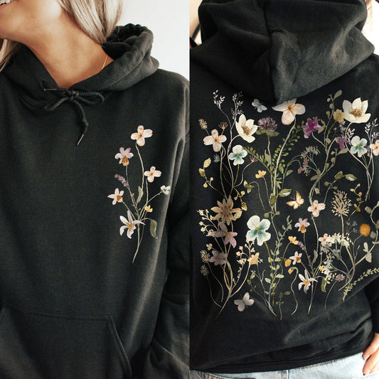 Small Floral （Front Chest） Big floral print【Printed Back】Foreign Trade Leisure Hooded Pocket Sweatshirt