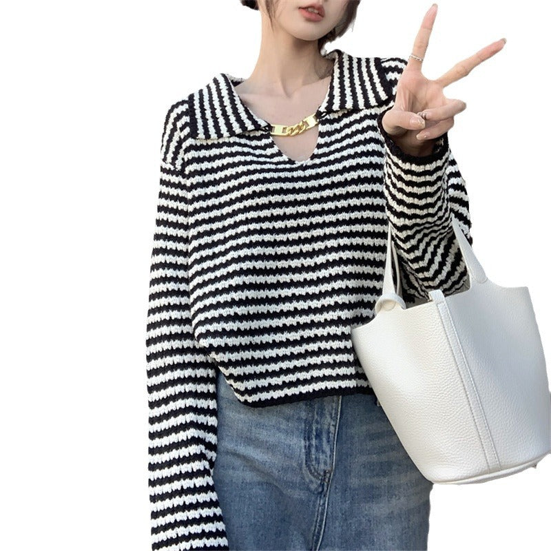 Women's French-Style Black and White Striped Lapel Pullover Sweater2024Autumn and Winter New Loose and Lazy Style Chic Knitted Top