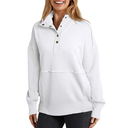 2025 Women's Fall Pullover Mockneck Button Down Ribbed Fit Lightweight Cozy Oversized Long Sleeve Sweatshirt Kangaroo Pocket for Everyday Wear