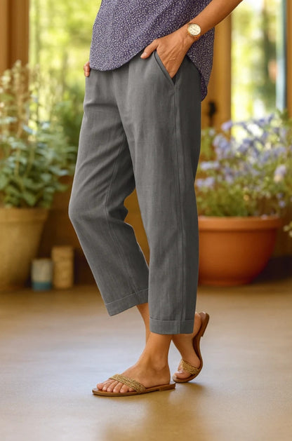 Leinenhose Damen Sommer Elastische Taille Gerades Bein Übergröße Crop Pants Lässige Strandhose mit Taschen