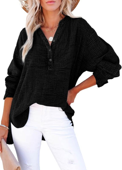 Womens Casual Button V Neck Long Sleeve Shirts Oversized Solid Blouses Tops