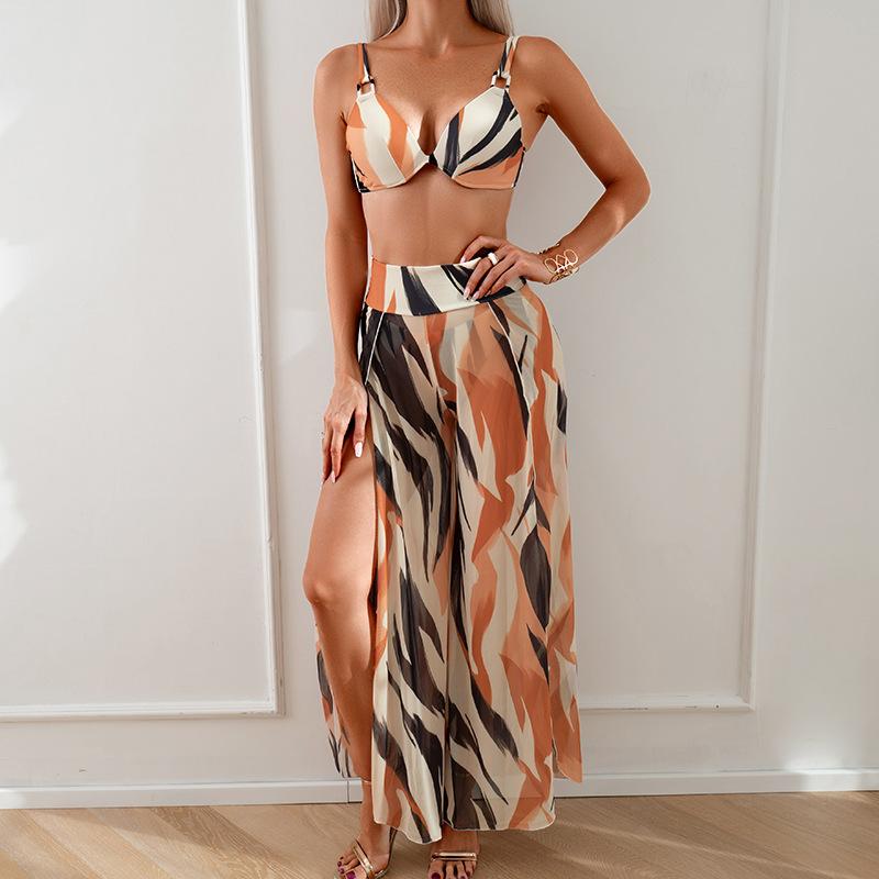 Women's 3 Piece Bikini Swimsuits Stripe with Cover Ups Beach Pantskirt - Seldom Seen Styles