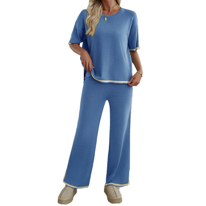 Women's 2-Piece Lounge Set - Black Knit Tracksuit with Short Sleeve Top & Wide Leg Pants - Soft Stretchy Homewear for Casual Wear