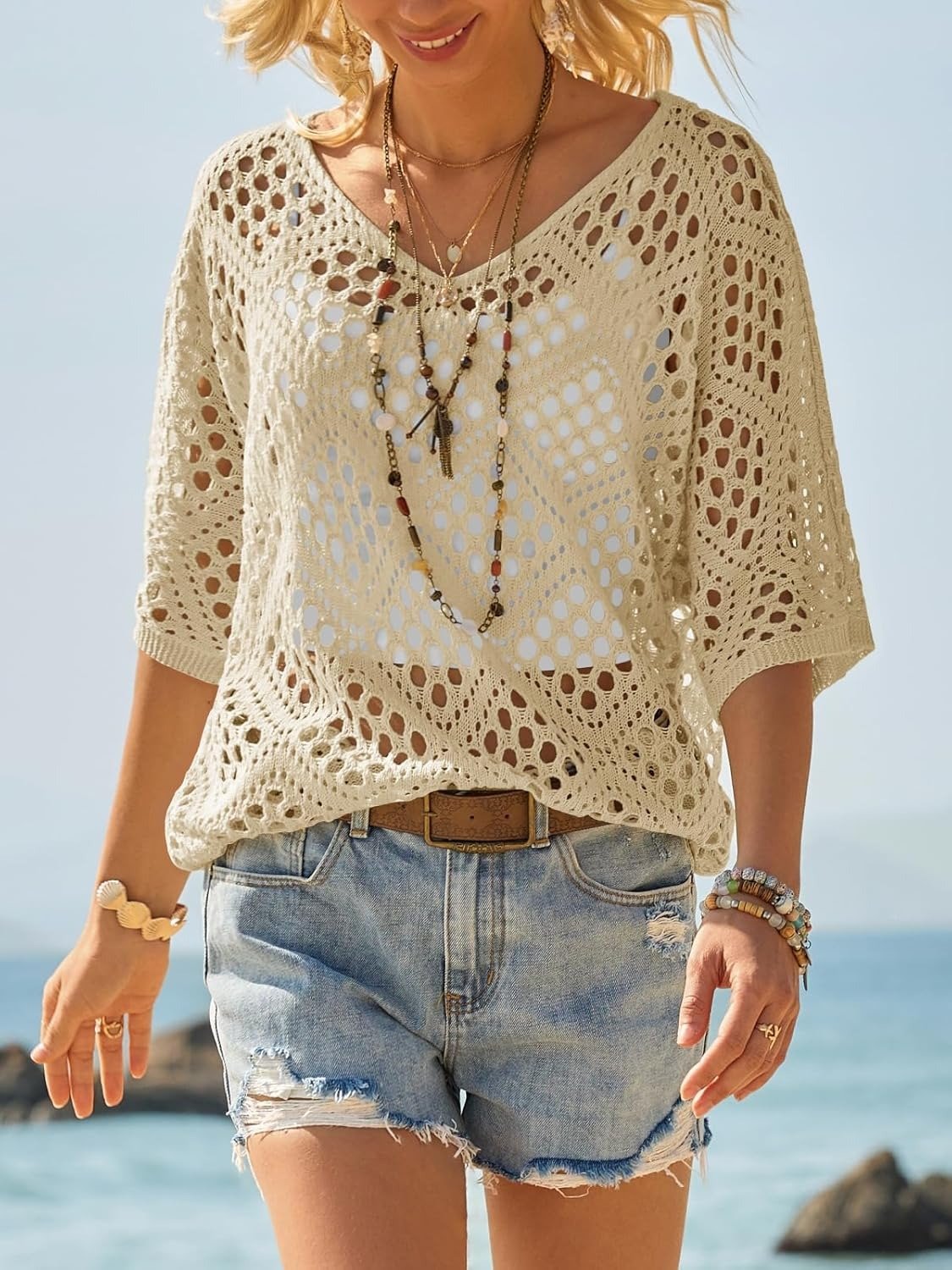 Women's Crochet Knit Top Boho Hollow Out V Neck Loose Fit Summer Beach Cover Up - Seldom Seen Styles