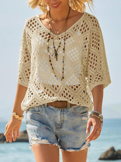 Women's Crochet Knit Top Boho Hollow Out V Neck Loose Fit Summer Beach Cover Up