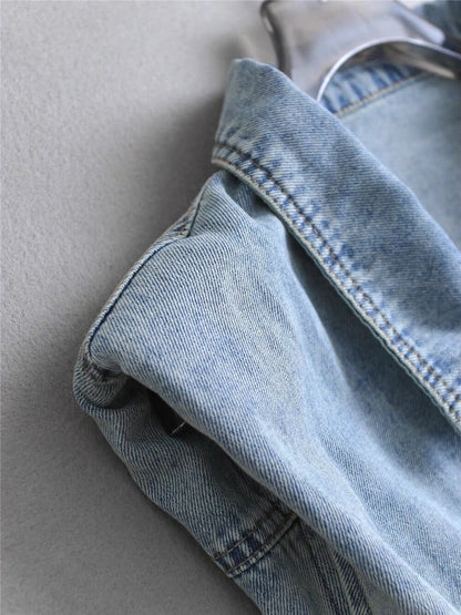 Women's Light Blue Washed Denim Sleeveless Lapel Collar Pearl Button Maxi Dress Lace Floral Chest Pockets Elastic Waist with Free Woven Tassel Waist Accessory S M L XL