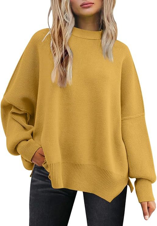 Women's Oversized Batwing Sweaters 2024 Fall Outfits Crewneck Ribbed Knit Side Slit Trendy Pullover Tops