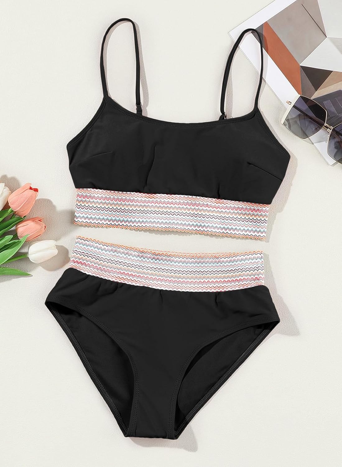 Women's Bikini Sets Colorblock Trim 2 Piece High Waisted Swimsuit Scoop Neck Adjustable Spaghetti Straps Bathing Suit - Seldom Seen Styles