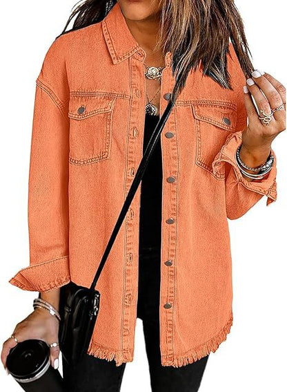 Jean Jackets for Women Ripped Fringe Denim Jean Jacket Casual Long Sleeve Pockets Jackets Coat Fabric Fashion Womenswear Soft – Back to School Outfit Idea