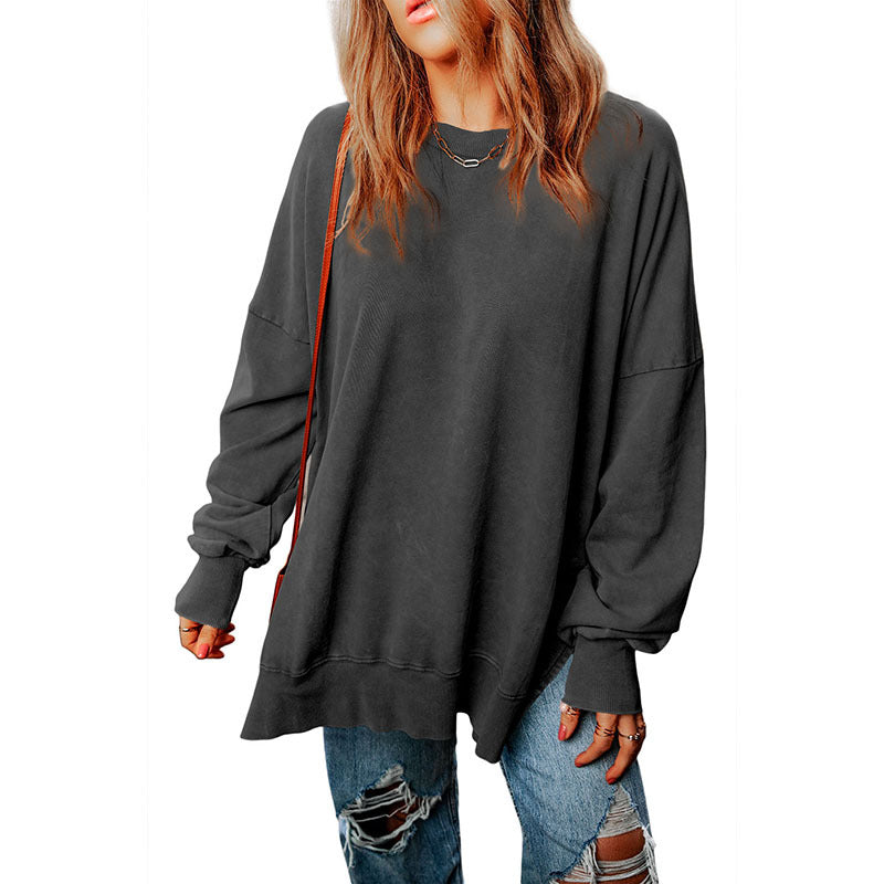 Autumn New Pure Color round-Neck Pullover Women's European and American Leisure Style All-Match Super Long Flab Hiding Long-Sleeved Top for Women