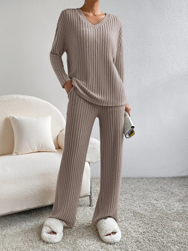 V Collar  Stripe Knitted Suit Two-Piece Set for Women2024Autumn New Fashion Casual Straight-Leg Pants Loose Temperament