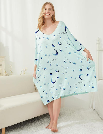 Plus Size Nightgown for Women V-Neck Sleep  Dress Pjs Lounge Short Sleeves Sleepwear With Pocket Fit S-5XL Pajamas Elastic Loungewear Breathable Fabric