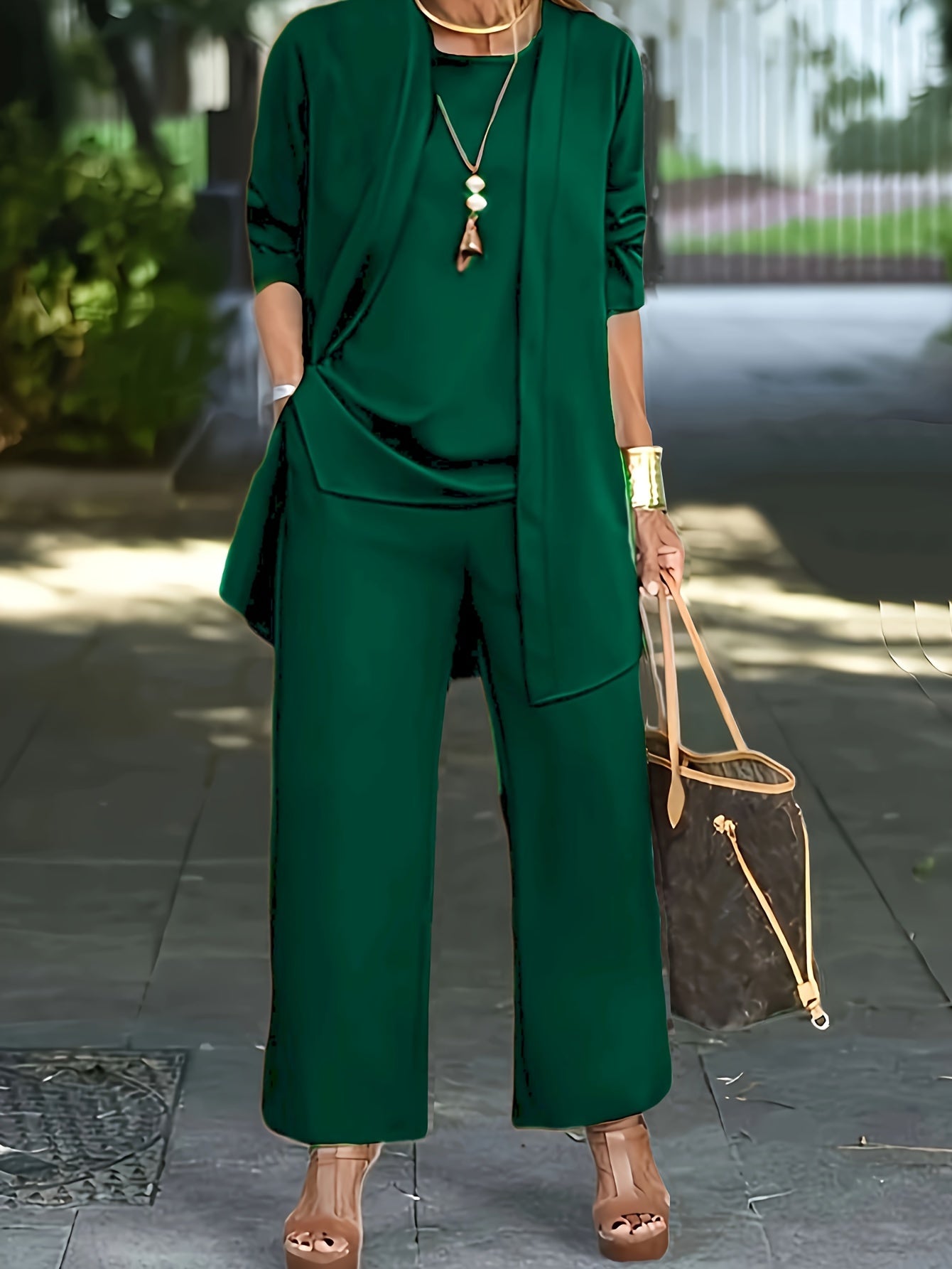 Chic Solid Three-Piece Outfit Set - Comfy Long Sleeve Cardigan, Versatile Top & Sleek Pants - Everyday Casual Wear for Women