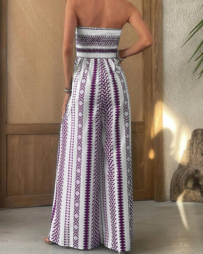Women's Strapless Smocked Boho Jumpsuit Wide Leg High Slit Flowy Beach Vacation Summer Outfit