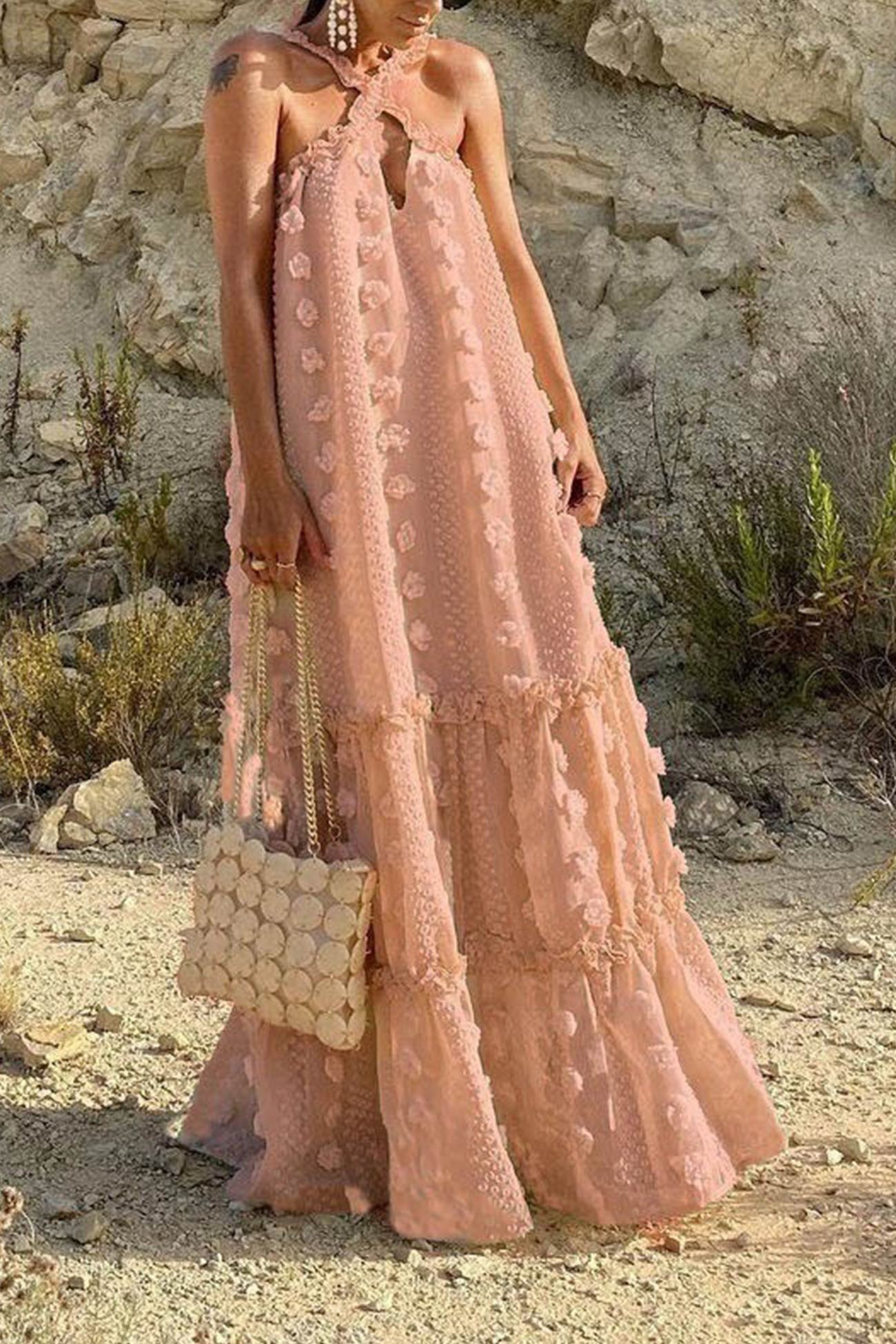 3D Floral Criss-cross Halterneck Maxi Dress - Seldom Seen Styles