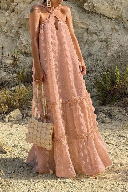 Maxikleid mit 3D-Blumenmuster und überkreuztem Neckholder