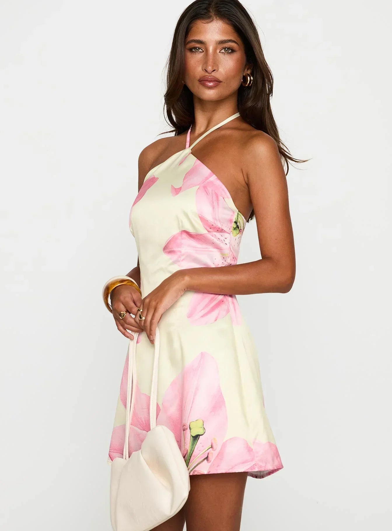 Women's Floral Satin Mini Dress Halter Neck Backless Summer Party Dress - Seldom Seen Styles