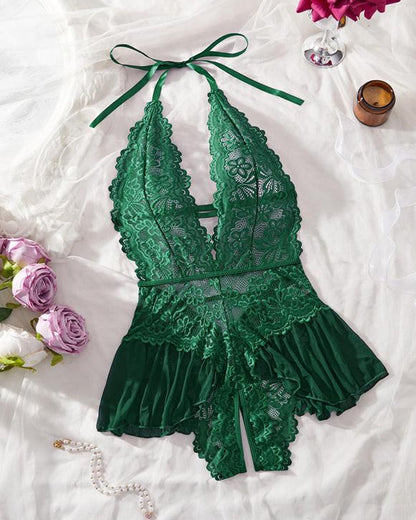 Sexy Hollow Lace See-through Suspenders Open Crotch One-piece Pajamas