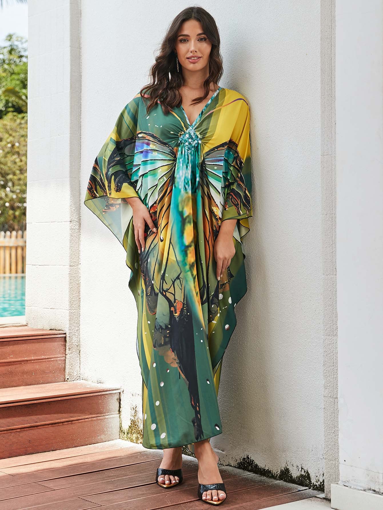[Plus Size] Butterfly/feather Print Ruched Split Hem Tunic Dress, Valentine's Day Elegant Batwing Sleeve V Neck Long Dress for Summer, Casual Womenswear, Gift, Homecoming Dresses, Women's Clothes for Beach Holiday Vacation, Moo Moo Dresses