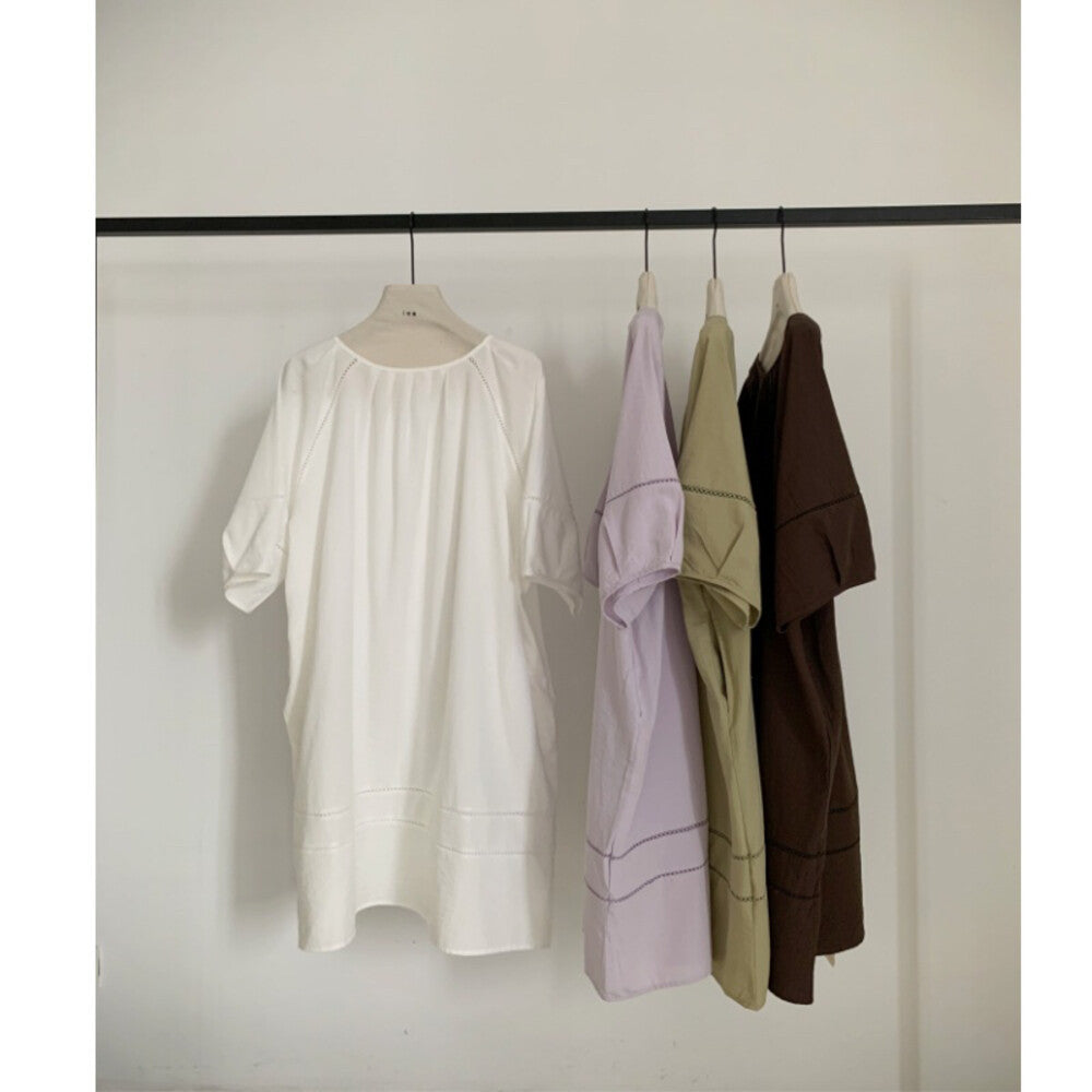 Solid Color Short Sleeve Drawstring Neck Loose Midi Dress Casual Oversized Summer Dress with Pockets - Seldom Seen Styles