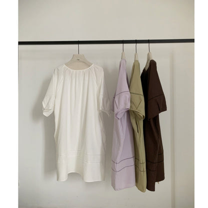 Solid Color Short Sleeve Drawstring Neck Loose Midi Dress Casual Oversized Summer Dress with Pockets