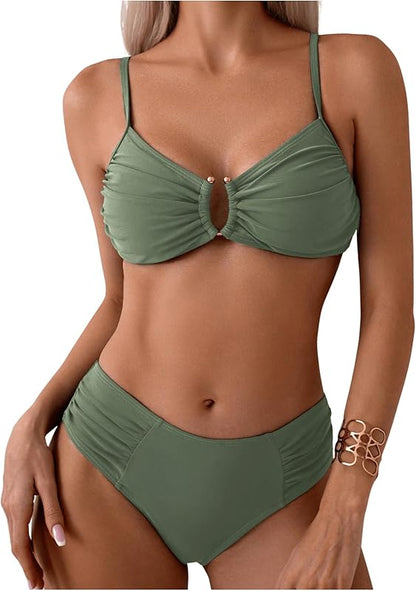 Women's Two Piece Bikini Set Ring Linked Ruched Underwire Bikini Bathing Suit Swimwear Set Swimming Suit - Seldom Seen Styles