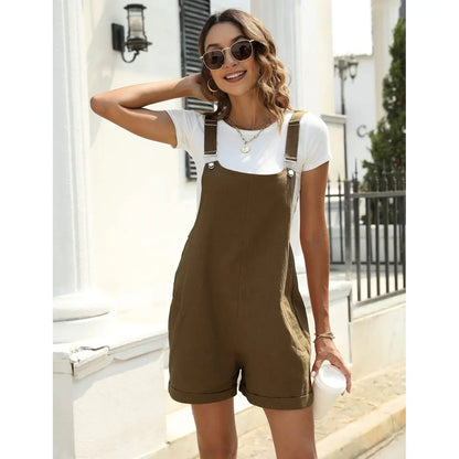 UANEO Women's Cotton Linen Short Overalls Casual Summer Bib Shortalls with Pockets Lady Comfort Minimalist