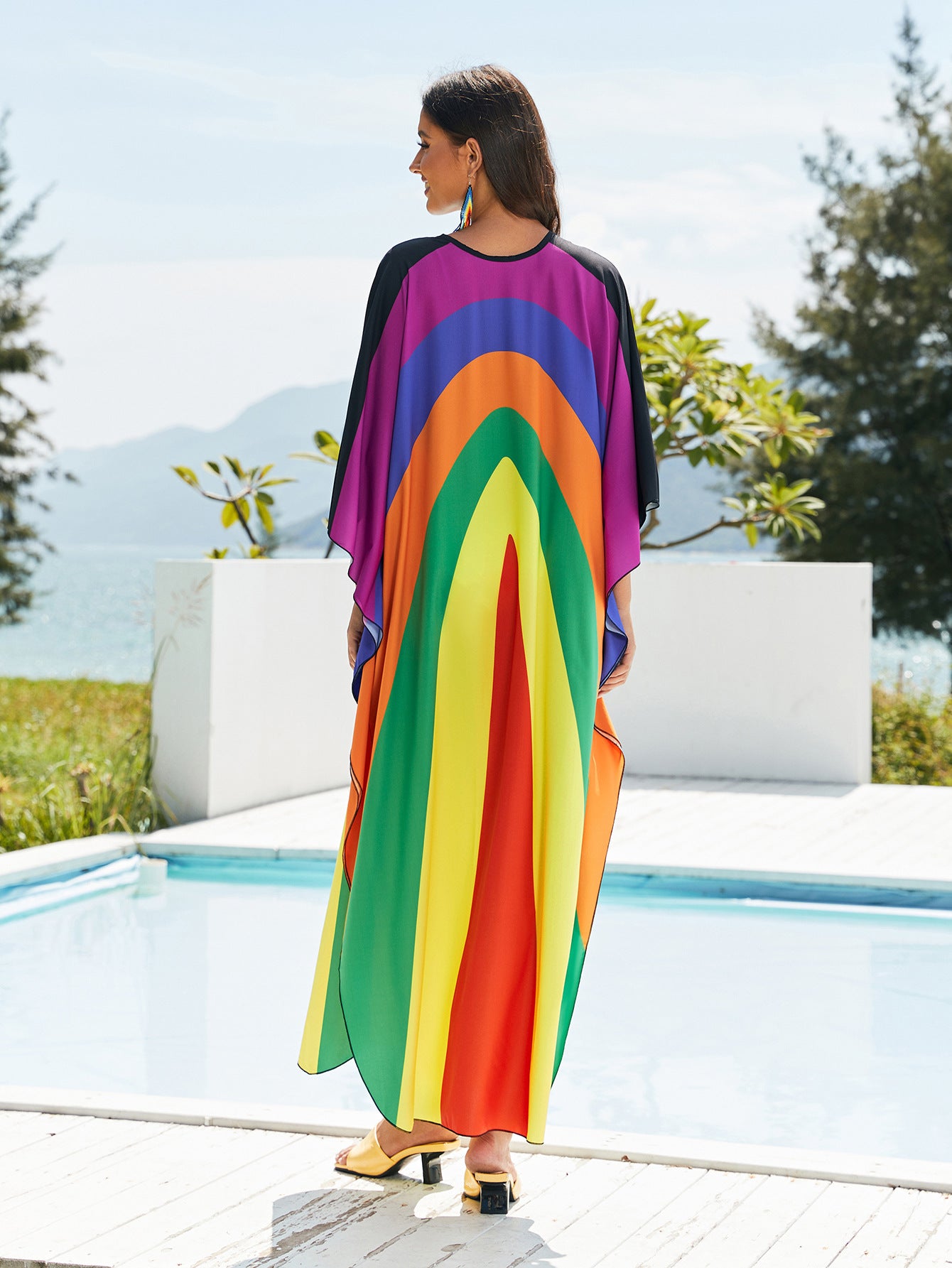 [Plus Size] Butterfly/feather Print Ruched Split Hem Tunic Dress, Valentine's Day Elegant Batwing Sleeve V Neck Long Dress for Summer, Casual Womenswear, Gift, Homecoming Dresses, Women's Clothes for Beach Holiday Vacation, Moo Moo Dresses