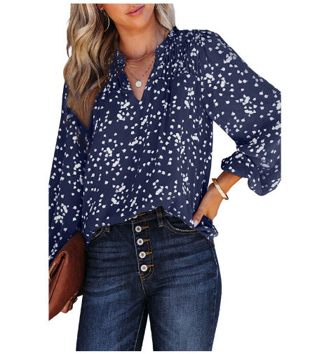 Dokotoo Damen Casual V-Ausschnitt Alicia Blumendruck Gesmokt Langarm Chiffon Blusen Bohemian Top Shirts 