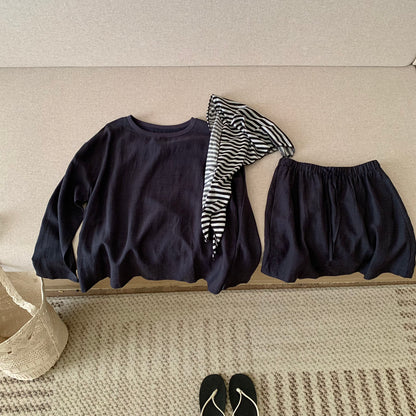 Women's Linen Blend Round Neck Long Sleeve Top Mini Skirt Set Boho Beach Vacation Summer Outfit