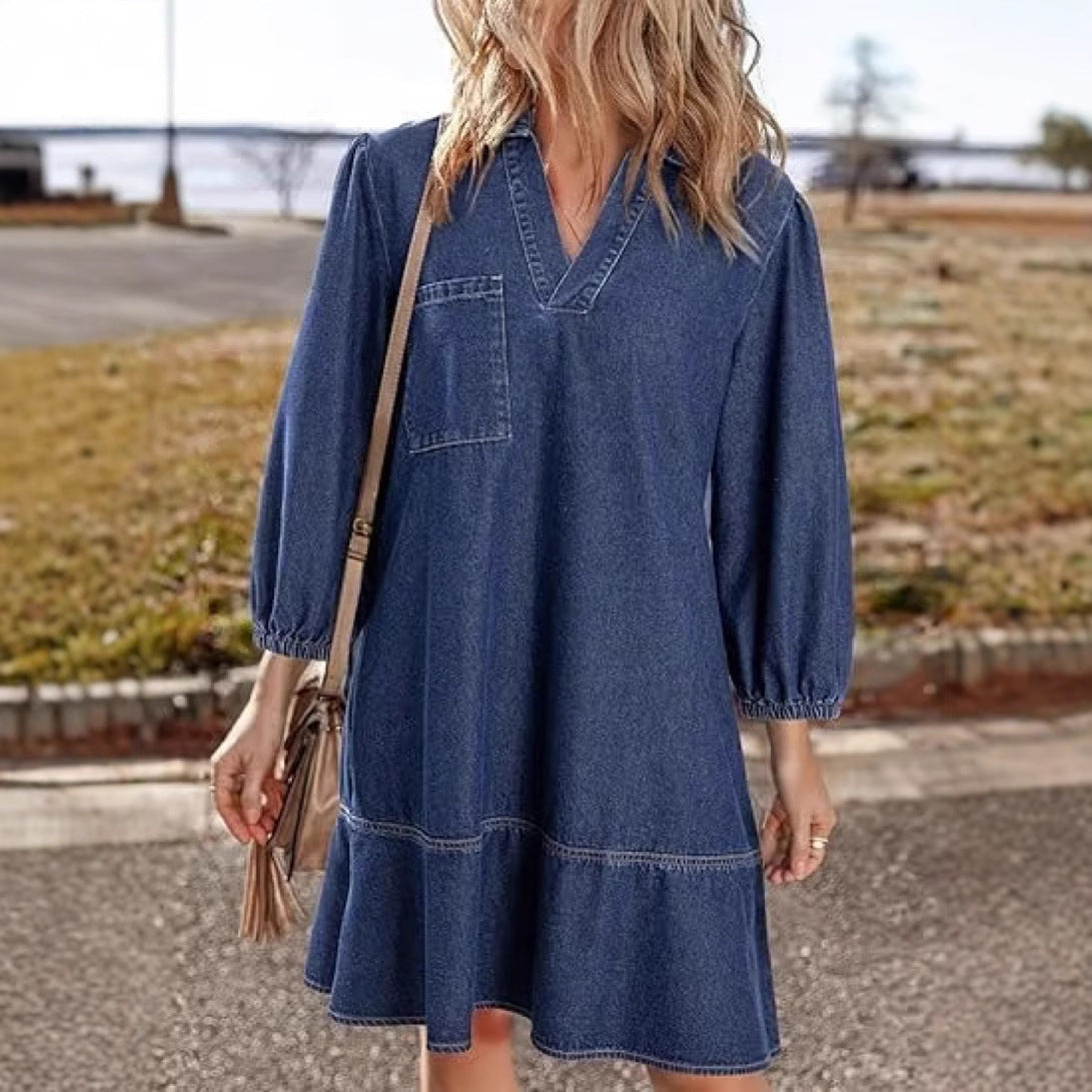 Denim Dress for Women Fashion Fall Casual Babydoll 2025 V Neck 3/4 Puff Sleeve Jean Dresses - Seldom Seen Styles