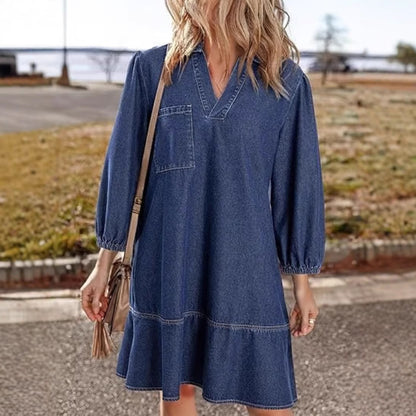 Denim Dress for Women Fashion Fall Casual Babydoll 2025 V Neck 3/4 Puff Sleeve Jean Dresses