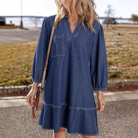 Denim Dress for Women Fashion Fall Casual Babydoll 2025 V Neck 3/4 Puff Sleeve Jean Dresses - Seldom Seen Styles