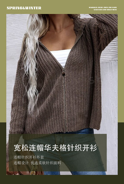 Textured Drop Shoulder Zip Up Hooded Cardigan, Casual Long Sleeve Cardigan Sweater, 2024 Women's Autumn & Winter Clothes for Daily Wear, Evening Tops, Fall & Winter Clothes, Year End Sale, Valentine's Day Gift for Girl