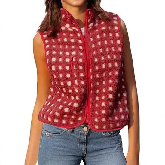 Womens Checkered Sherpa Vest Sleeveless Fleece Jacket High Neck Zip Up Plaid Gilet with Chest Pocket - Seldom Seen Styles