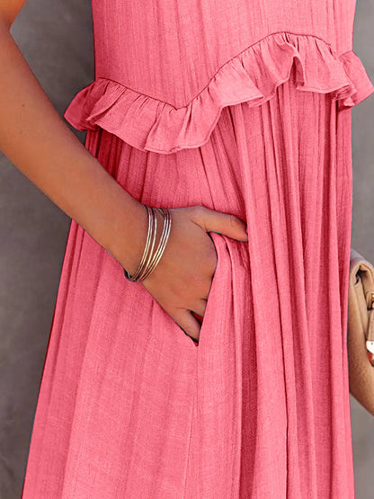 Women's Tiered Ruffle Maxi Dress with Pockets Smocked Halter Neckline Flowy Boho Summer Casual Long Dress