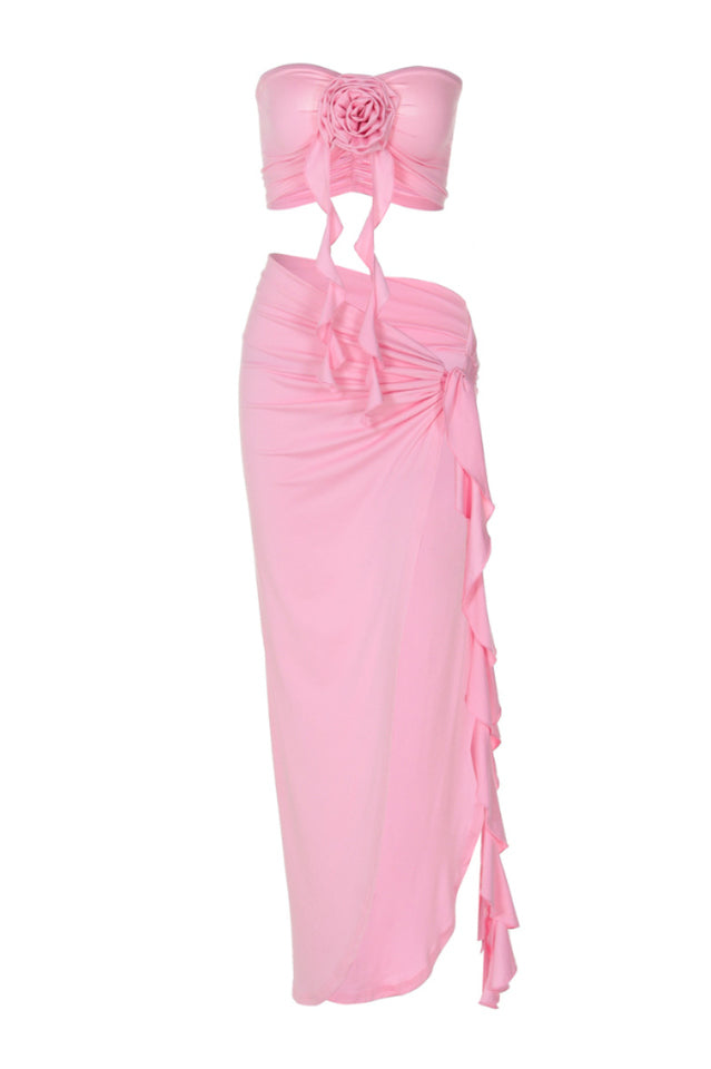 Arrietty Flower Draped Skirt SetWomen's Pink Cut Out Maxi Dress Flower Detail High Split Vacation Party Dress Set - Seldom Seen Styles