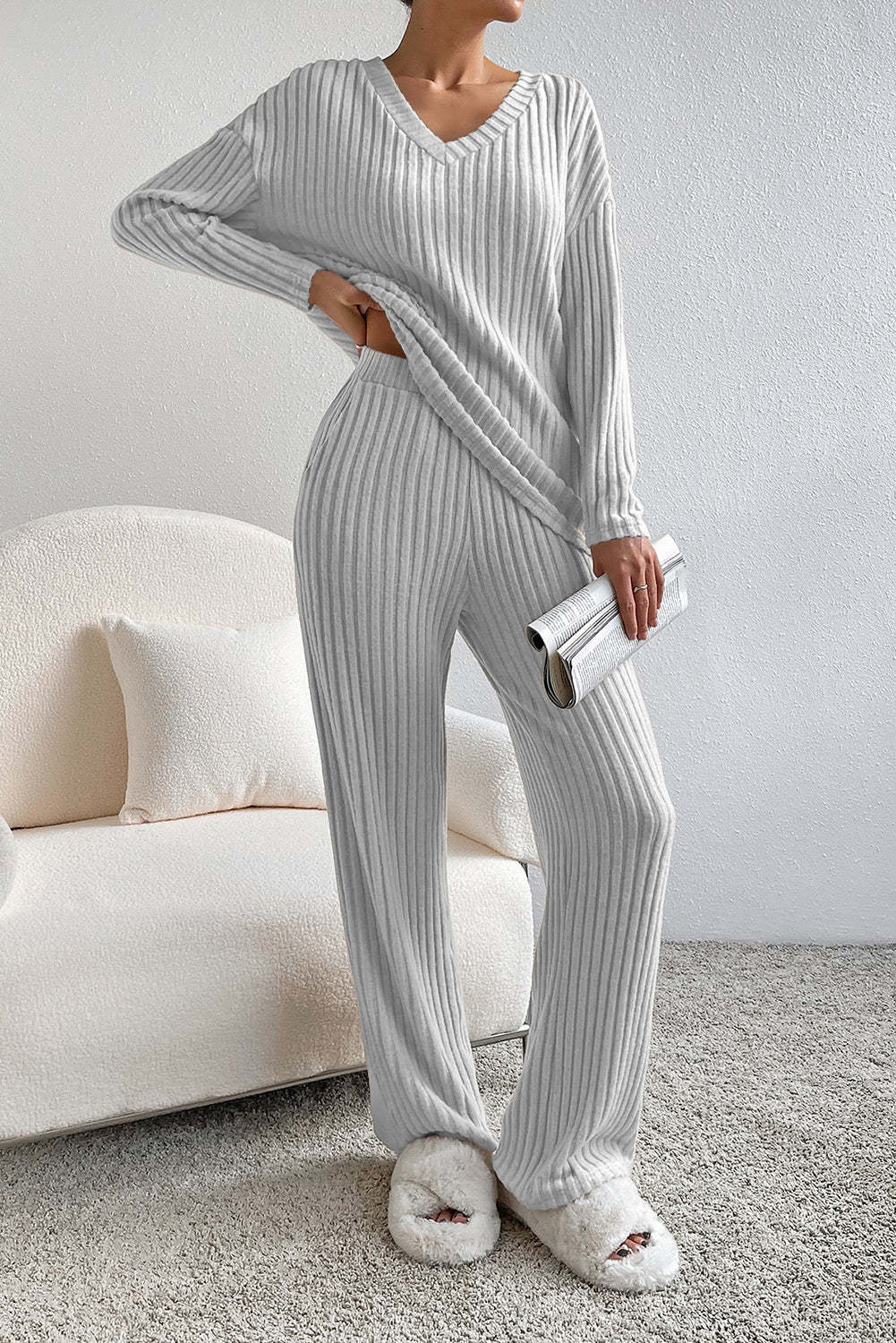 V Collar  Stripe Knitted Suit Two-Piece Set for Women2024Autumn New Fashion Casual Straight-Leg Pants Loose Temperament