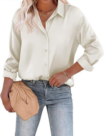 Women's Blouse Satin Shirts Button Down Shirts Casual Loose Long Sleeve Office Work Tunic Tops