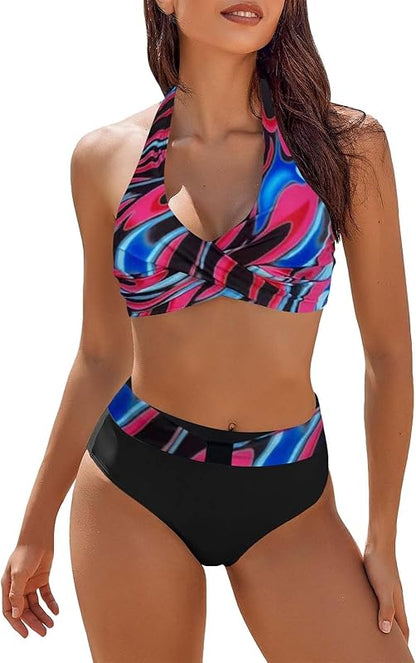 Womens Bathing Suits Tummy Control Swimsuits Color Block High Waisted Bikini Sets 2 Piece V Neck Swimwear - Seldom Seen Styles