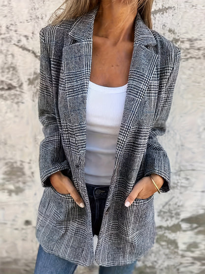 Women's Elegant Plaid Casual Suit Coat - Fashion long sleeve，Cardigan Fashionable Jacket with Pockets